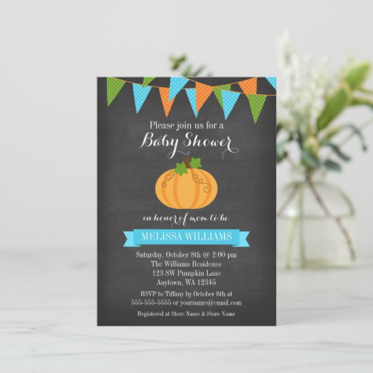 Krijtbord Pompoen Bunting Boy Herfst Baby shower Kaart (Staand voorkant)