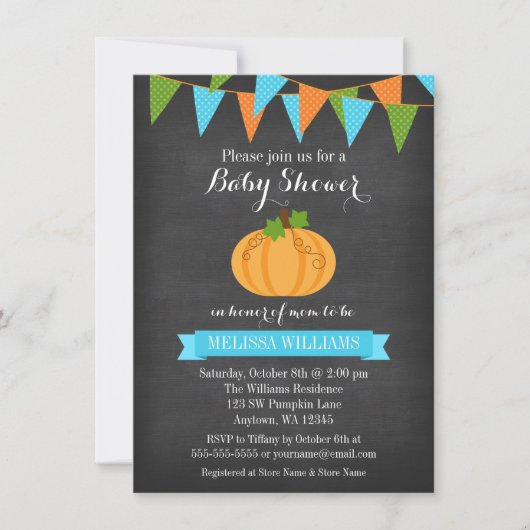 Krijtbord Pompoen Bunting Boy Herfst Baby shower Kaart (Voorkant)