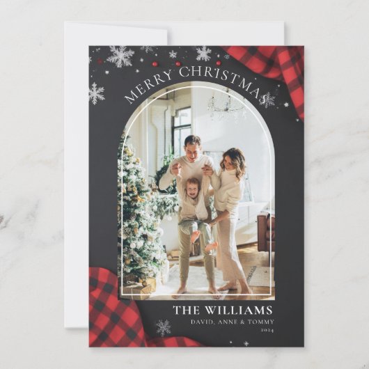 Krijtbord Red Gingham Plaid Foto Kerstmis Feestdagenkaart (Voorkant)