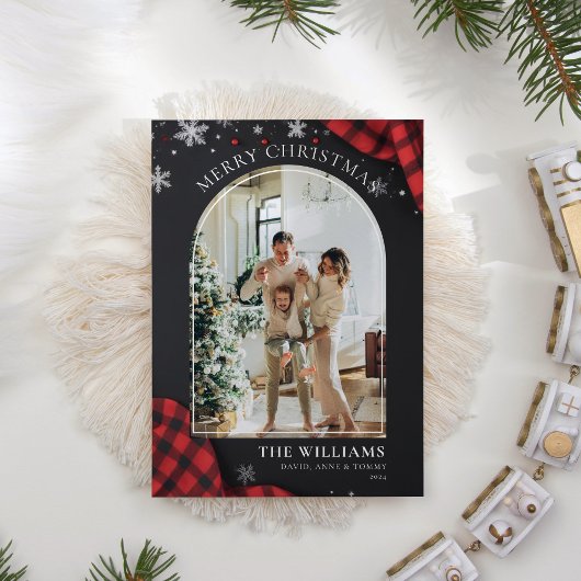 Krijtbord Red Gingham Plaid Foto Kerstmis Feestdagenkaart