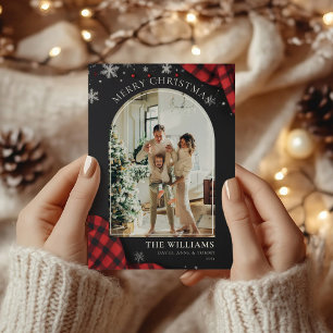 Krijtbord Red Gingham Plaid Foto Kerstmis Feestdagenkaart