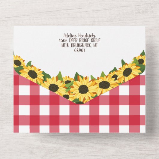 Krijtbord Red Gingham Zonnebloemen Baby-Q Douche All In One Uitnodiging (Achterkant)