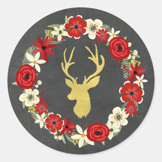 Krijtbord Rode Bloemen krans Gouden Herten Kerstmi Ronde Sticker (Voorkant)