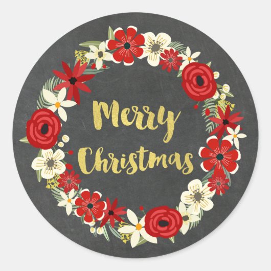 Krijtbord Rode Bloemen krans Gouden Kerstmis Ronde Sticker (Voorkant)