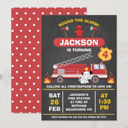 Krijtbord Rode Brandweerman Brandweerauto Verjaard Kaart (Voorkant / Achterkant)
