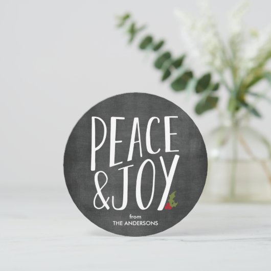 Krijtbord Ronde Kerstkaart met Vrede & Vreugde (Staand voorkant)