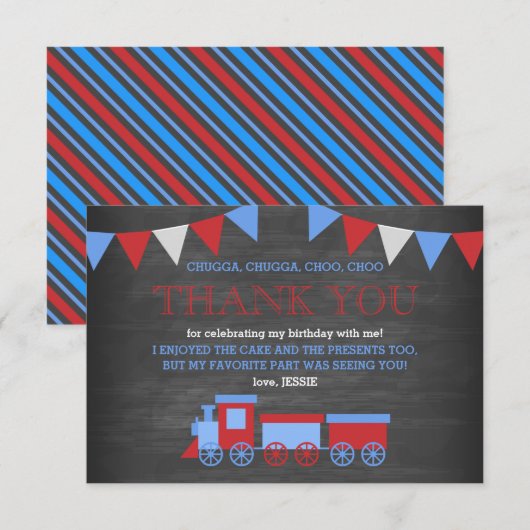 Krijtbord rood en blauw trein verjaardag Dank u Bedankkaart (Voorkant / Achterkant)