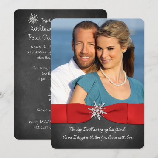 Krijtbord, Rood, Zilveren Sneeuwvlokken bruiloft U Kaart (Voorkant / Achterkant)