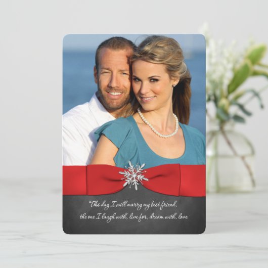 Krijtbord, Rood, Zilveren Sneeuwvlokken bruiloft U Kaart (Staand voorkant)