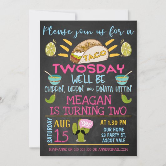 Krijtbord Roze Blauwe Meisjes Taco Dinsdag Verjaar Kaart (Voorkant)