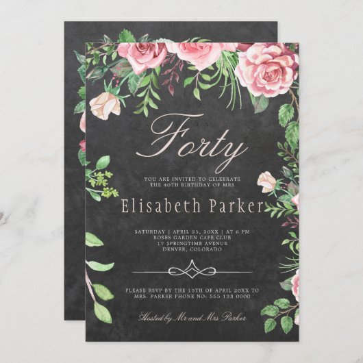 Krijtbord Roze Bloementuin 40e Verjaardagsfeest Kaart (Voorkant / Achterkant)