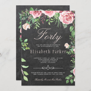 Krijtbord Roze Bloementuin 40e Verjaardagsfeest Kaart