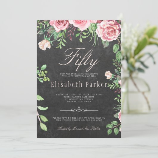 Krijtbord Roze Bloementuin 50e Verjaardagsfeest Kaart (Staand voorkant)