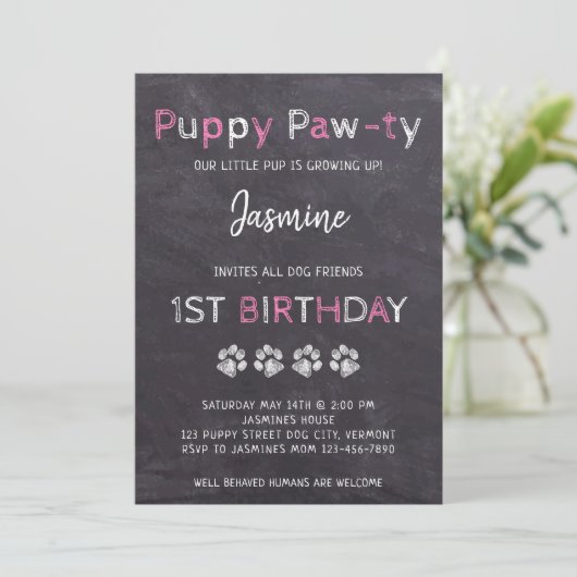 Krijtbord Roze Puppy Pawty Dog Verjaardag Kaart (Staand voorkant)