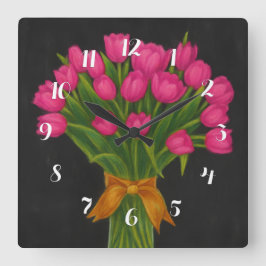 Krijtbord Roze Tulpen Vierkante Klok