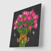 Krijtbord Roze Tulpen Vierkante Klok (Hoek)