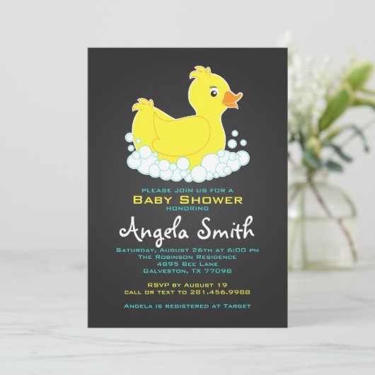 Krijtbord Rubber Eendje Baby Shower Kaart (Staand voorkant)