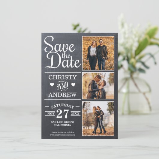 Krijtbord rustieke fotocollage save the date (Staand voorkant)