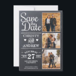 Krijtbord rustieke fotocollage save the date<br><div class="desc">Rustic sparen de datumkaart met een achtergrond van het karton en koordlichten die 3 foto-afbeeldingen van uw keus kenmerken.</div>