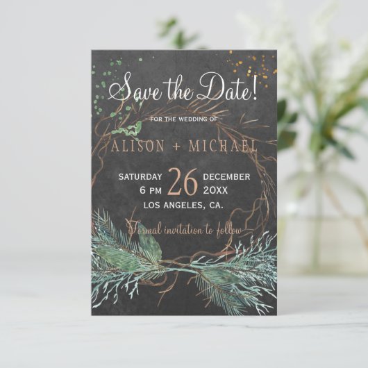 Krijtbord rustieke winterkrans opslaan datum bruil save the date (Staand voorkant)