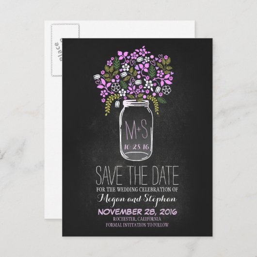 Krijtbord save the date - Floral Mason Jar Aankondigingskaart (Voorkant / Achterkant)