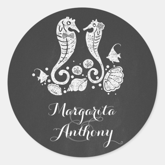 Krijtbord Seahorses Beach Bruiloft Ronde Sticker (Voorkant)