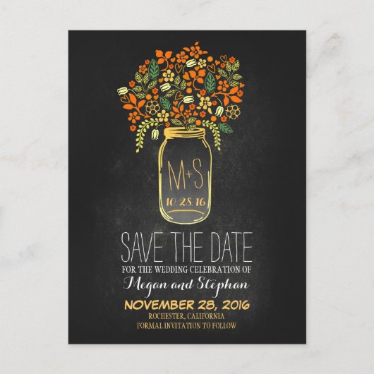 Krijtbord sinaasappel save the date - Floral Mason Aankondigingskaart (Voorkant)