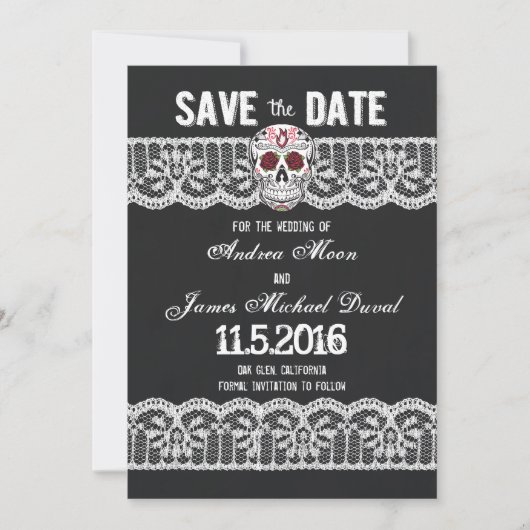 Krijtbord Skull & Lace 5" x 7" Save the Date kaart (Voorkant)