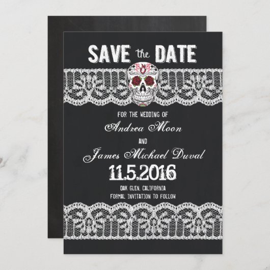 Krijtbord Skull & Lace 5" x 7" Save the Date kaart (Voorkant / Achterkant)