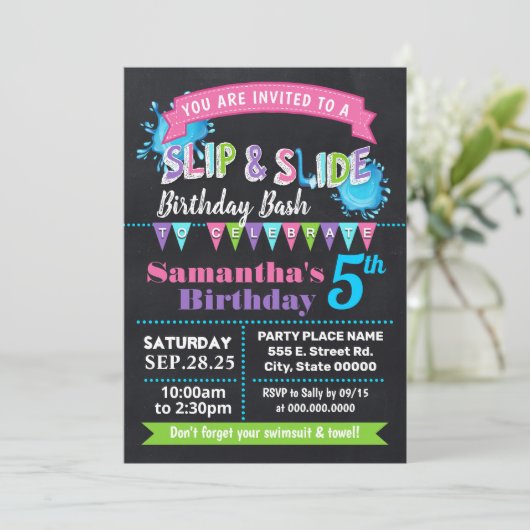 Krijtbord Slip en slide verjaardag bash roze feest Kaart (Staand voorkant)