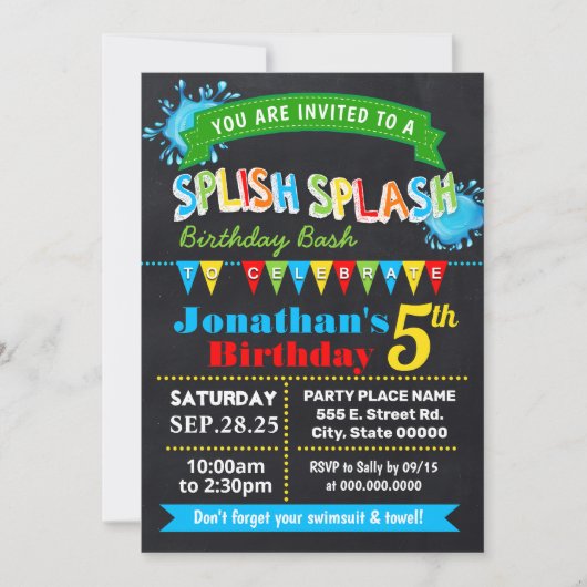 Krijtbord splash verjaardag bash party kaart (Voorkant)