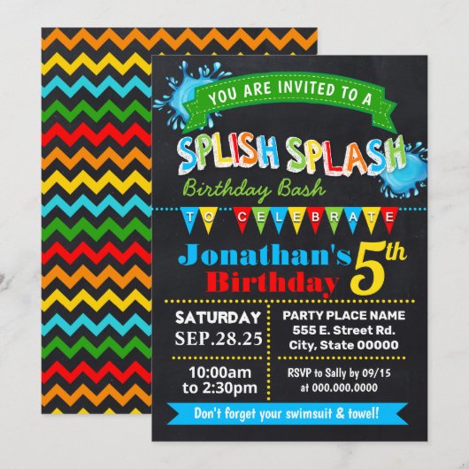 Krijtbord splash verjaardag bash party kaart (Voorkant / Achterkant)