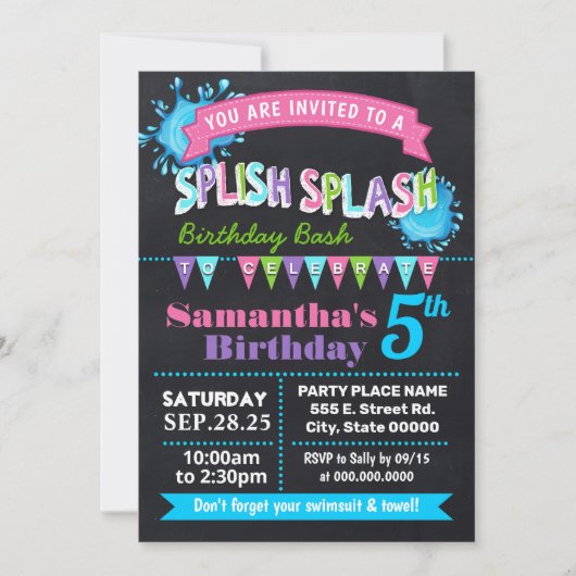 Krijtbord Splish splash verjaardag bash roze feest Kaart (Voorkant)