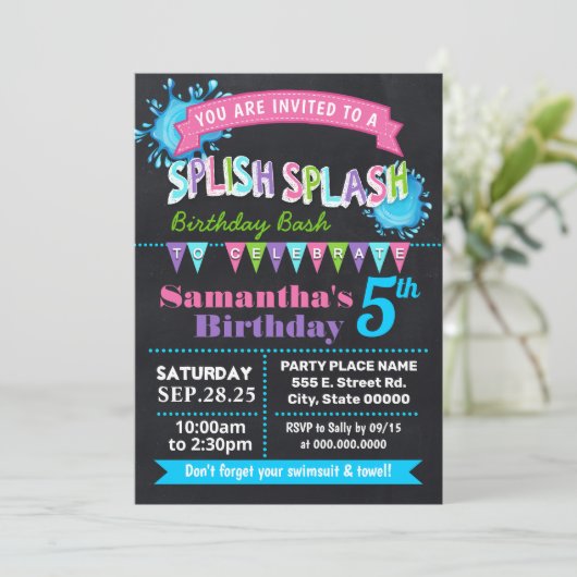 Krijtbord Splish splash verjaardag bash roze feest Kaart (Staand voorkant)