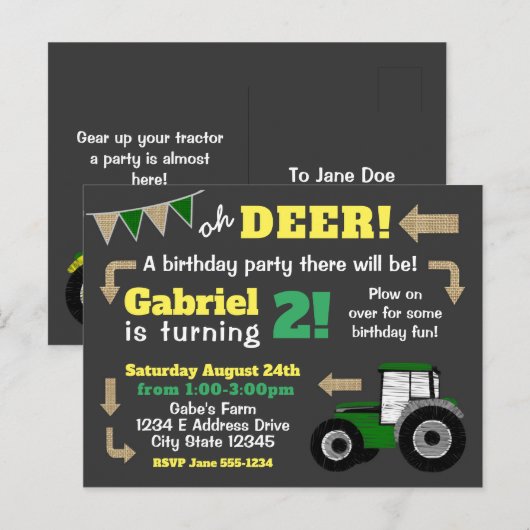 Krijtbord Tractor Uitnodigen, Verjaardag Tractor Uitnodiging Briefkaart (Voorkant / Achterkant)