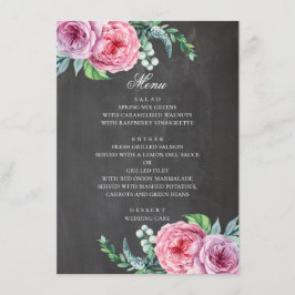 Krijtbord trouwen. Boho tuin roze bloemen Menu