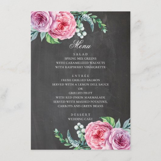 Krijtbord trouwen. Boho tuin roze bloemen Menu (Voorkant)
