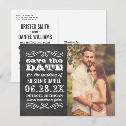  Krijtbord Trouwfoto Sla de datum op Aankondigingskaart (Voorkant / Achterkant)