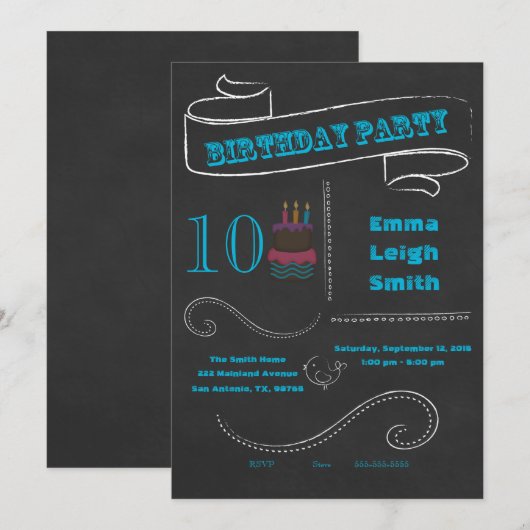 Krijtbord Verjaardag Uitnodiging Blauw; dubbele ci (Voorkant / Achterkant)