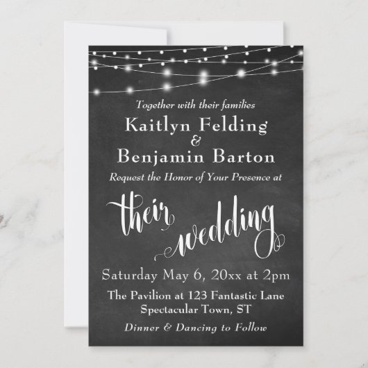 Krijtbord w / String Lights, Typografie Huwelijk Kaart (Voorkant)