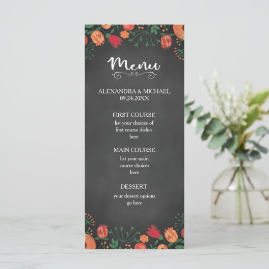 Krijtbord Waterverf Bloemen Sinaasappel Trouwmenu Menu (Staand voorkant)