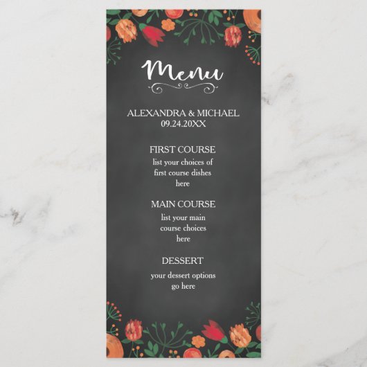 Krijtbord Waterverf Bloemen Sinaasappel Trouwmenu Menu (Voorkant)