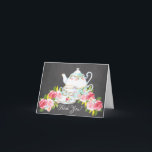 Krijtbord Waterverf Thee Feest Dank Je Bedankkaart<br><div class="desc">Waterverf vintage theepot & theekopjes met mooie roze rozen dank je kaartenset op een krijtbord achtergrond.  Hetzelfde item beschikbaar in onze winkel.</div>