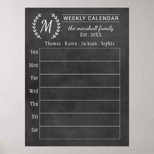 Krijtbord Weekelijkse Familie Monogram Kalender Poster (Voorkant)