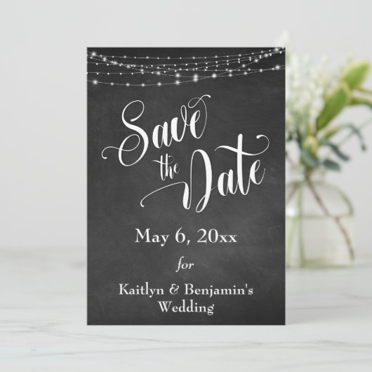 Krijtbord, wit licht en script, de datum opslaan save the date (Staand voorkant)