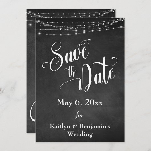 Krijtbord, wit licht en script, de datum opslaan save the date (Voorkant / Achterkant)