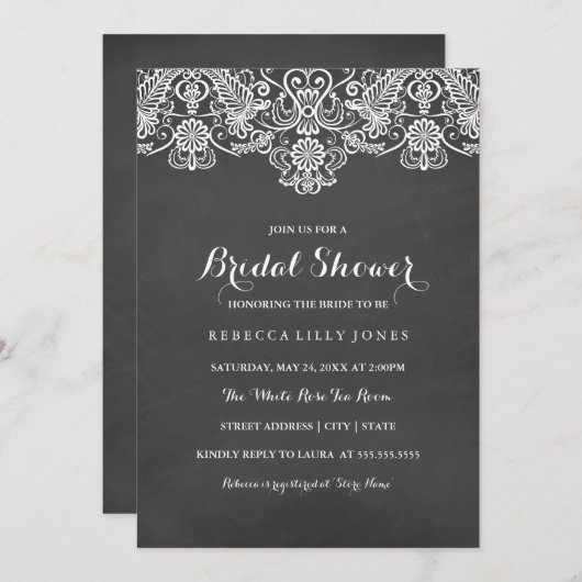 Krijtbord & witte kant | Uitnodiging voor bruidsdo (Voorkant / Achterkant)