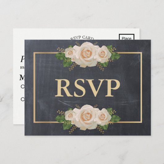 Krijtbord Witte Roos Gouden Frame RSVP Maaltijd Uitnodiging Briefkaart (Voorkant / Achterkant)
