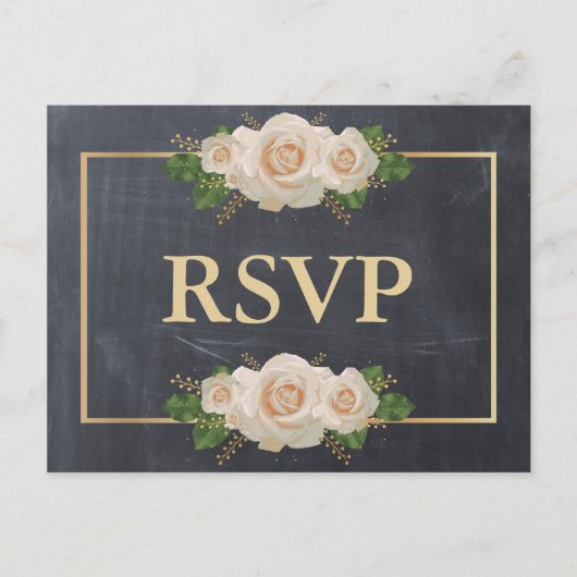 Krijtbord Witte Roos Gouden Frame RSVP Maaltijd Uitnodiging Briefkaart (Voorkant)