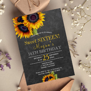 Krijtbord zonnebloemen chic rustiek sweet sixteen kaart
